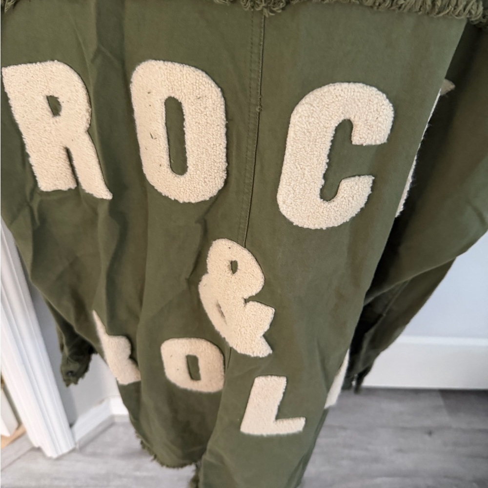 Olive Green Utility Jacket with Contrast Sherpa Lettering